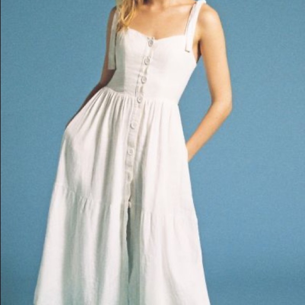 UO Positano Linen Tie-Shoulder Midi Dress in White